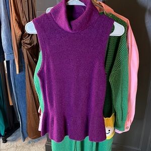White House Black Market Purple Sleeveless Peplum Turtleneck Sweater